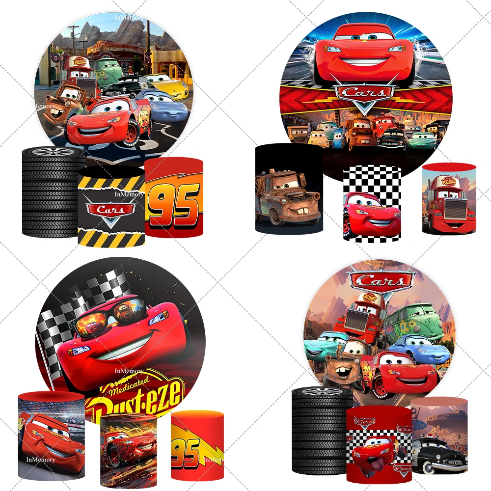 Disney mcqueen carros redondo pano de fundo capa para meninos carro de corrida banner aniversário chá de bebê fundo fotografia plinto cobre