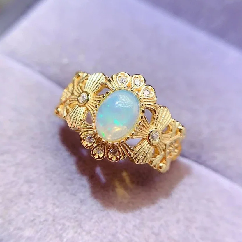 Vintage Design 925 Silver Opal Ring 5mm*7mm Genuine Australian Opal Ring with 3 Layers 18K Gold Plating Keep Shining