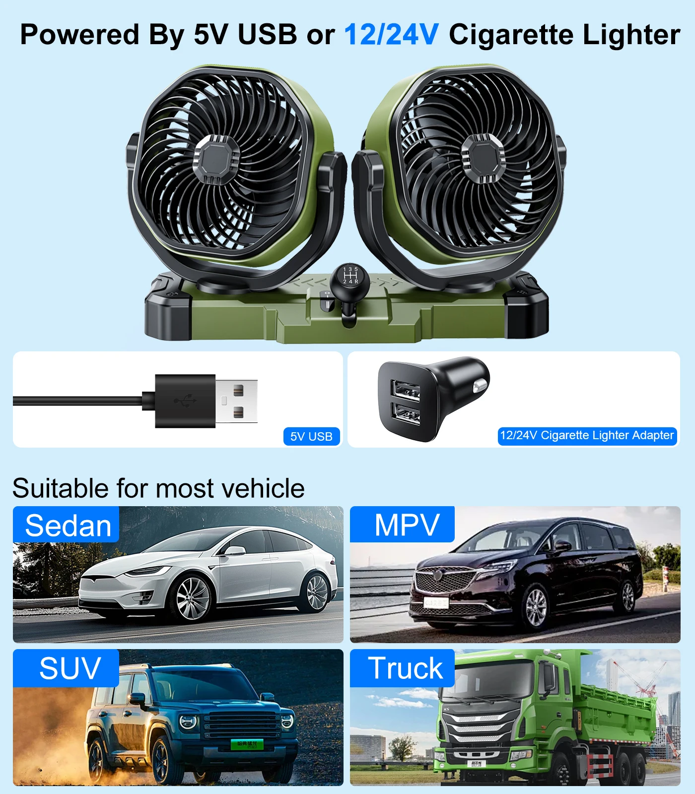 Hipacool 5V/12V/24V Car Dual-Head Fan 2 Speeds Wind 360° Rotatable Vehicle Cooling Fan USB Cigarette Lighter Fan Summer Cooler