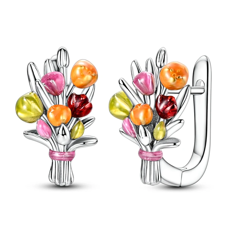 925 Sterling Silver Colorful Tulip Bouquet Huggie Hoop Earrings Silver Color Flower Ear Jewelry Blessing Floral Earrings Gift
