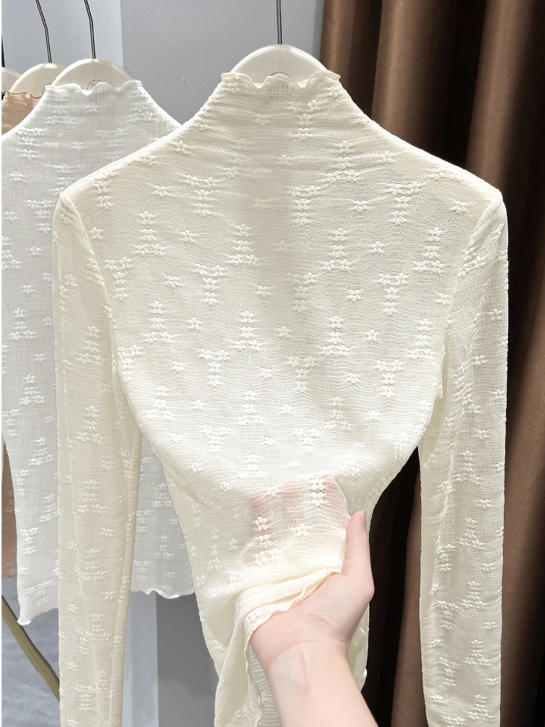 Sexy Lace Long Sleeve Base Shirt Women's Mesh Overlay Half High Collar Garlic Bud Top Autumn Winter Floral Print Slim Fit T-s...