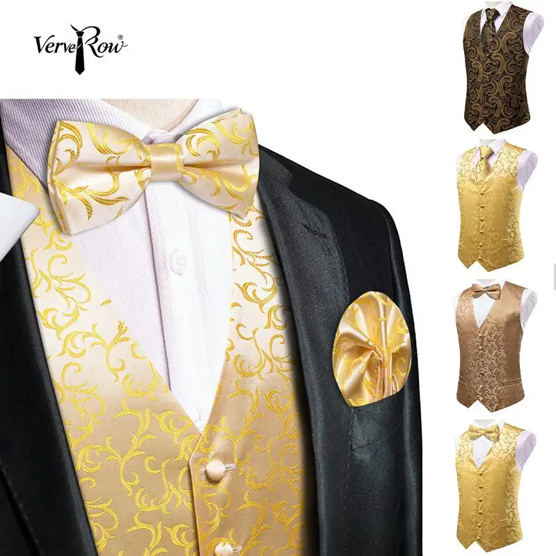 VerveRow Men Champagne Gold Floral Jacquard Waistcoat, Vest Bow Tie Pocket Square Party Wedding Outfit