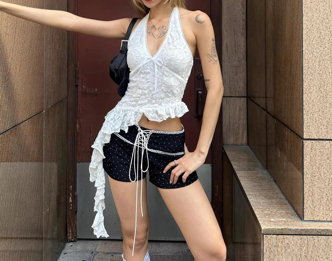 

Lace deep V-neck fungus side streamers slim fit irregular vest women's resort style backless halterneck small suspenders