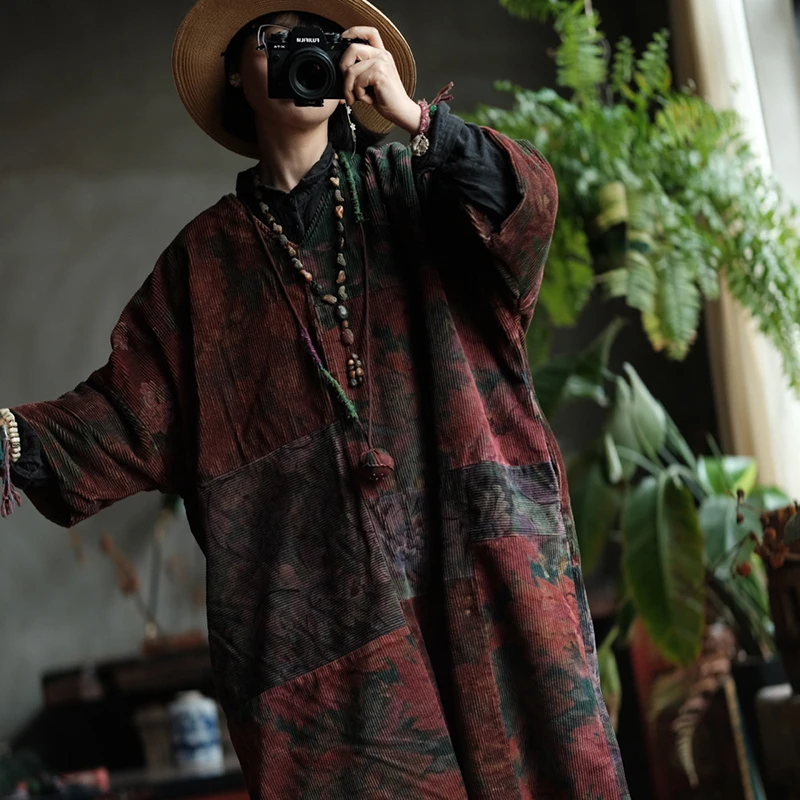 100% Cotton Women Thick Warm Casual Dress New Arrival 2025 Autumn Vintage Style V-neck Print Loose Female Long Dresses M2059