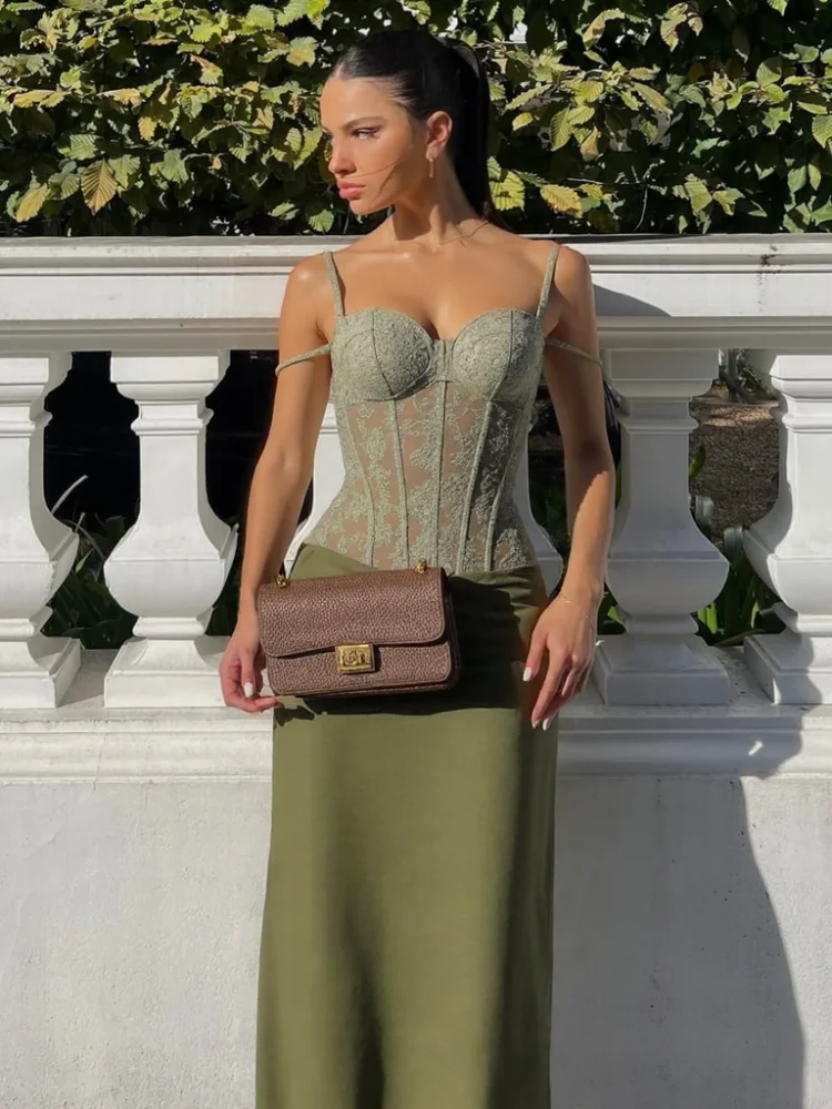 Elegant Women Summer Party Dresses Sets 2 Pieces Lace High Waist Lace Up Spaghetti Strap Tops Satin Zipper Party Skirt Outfits