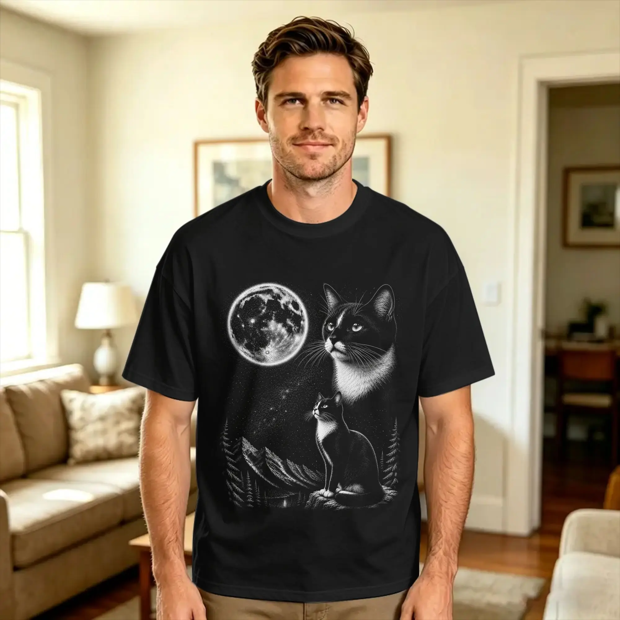 Tuxedo Cat Howling to the Moon 90’s Retro T-Shirt Summer  Cotton T Shirts For Man Printed Tshirt Short Sleeves Streetwear Tees