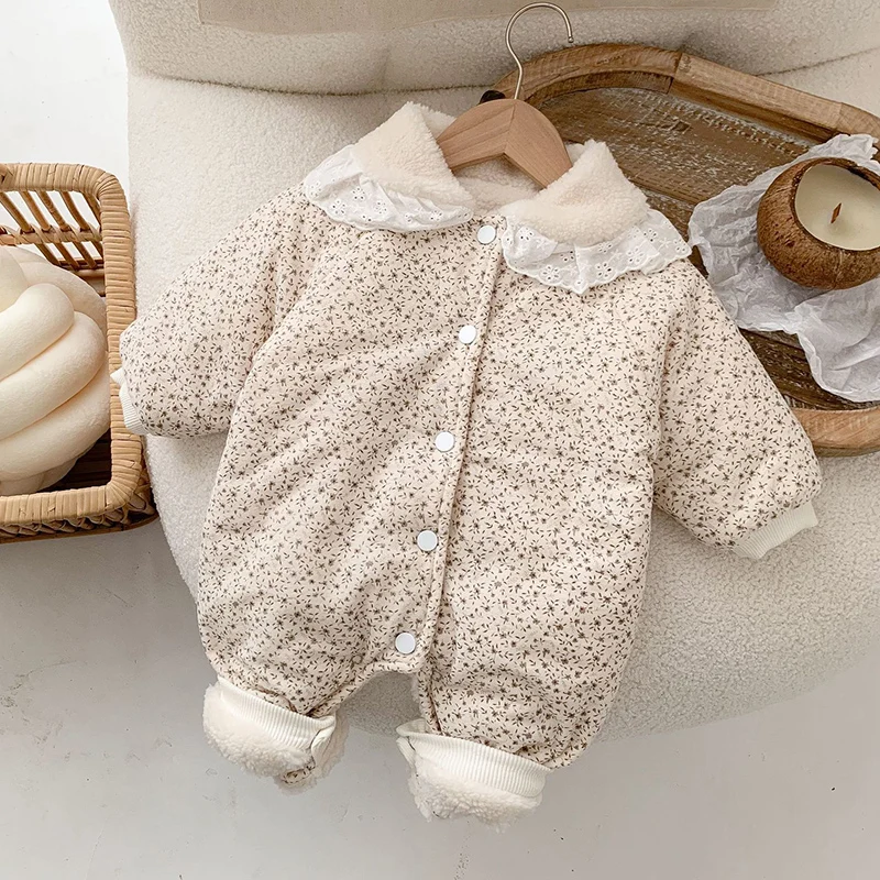 Winter Baby Girl Thicken Warm Clothing Infant Baby Girls Flower Printed Lace Stitching Plush Jumpsuit Toddler Baby Thick Romper