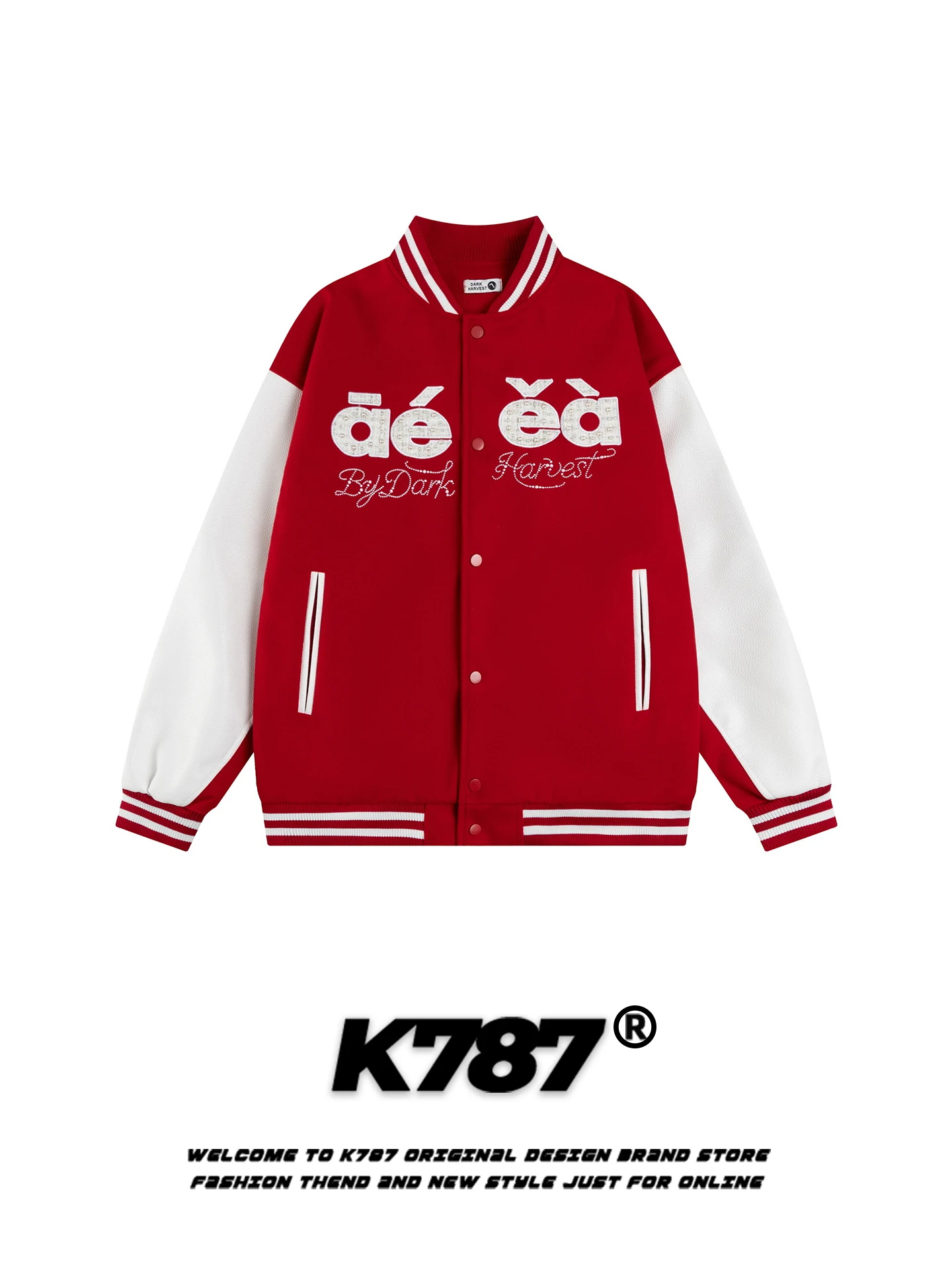 

Бейсбольная куртка K787 в американском уличном стиле с вышитыми буквами, свободного кроя, повседневная, красная, новогодняя, мужская и женская верхняя одежда