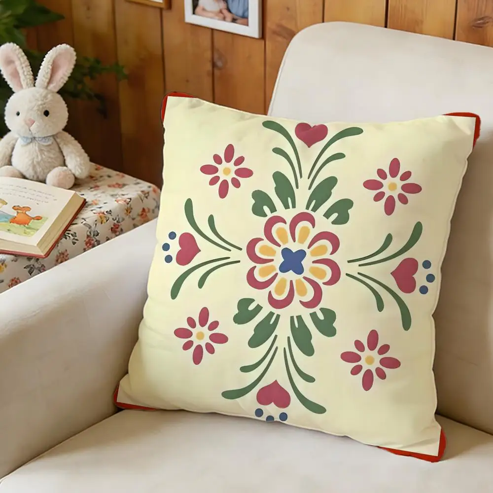 Norwegian Rosemaling Pillow Case Soft Washable Short Plush Modern Decorative Cushion for Sofa Bed Office Car Living Room