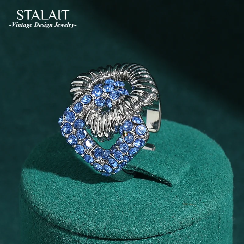 

Vintage Blue Ring Rhinestone Square Cross Silver Color 2025 Trend Jewelry Party Luxury Quality Brands Christmas Gift New Arrival