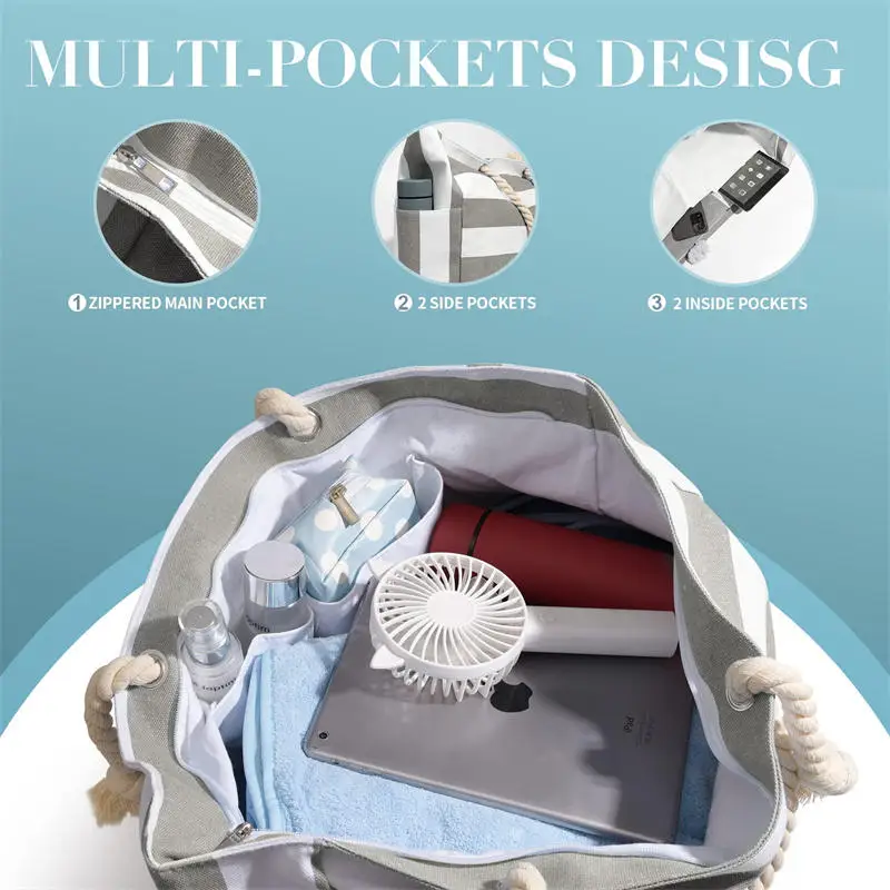 Grand sac de voyage rayé pour femmes, sac à main de plage à fermeture éclair, sac de piscine de sable, grand sac à main