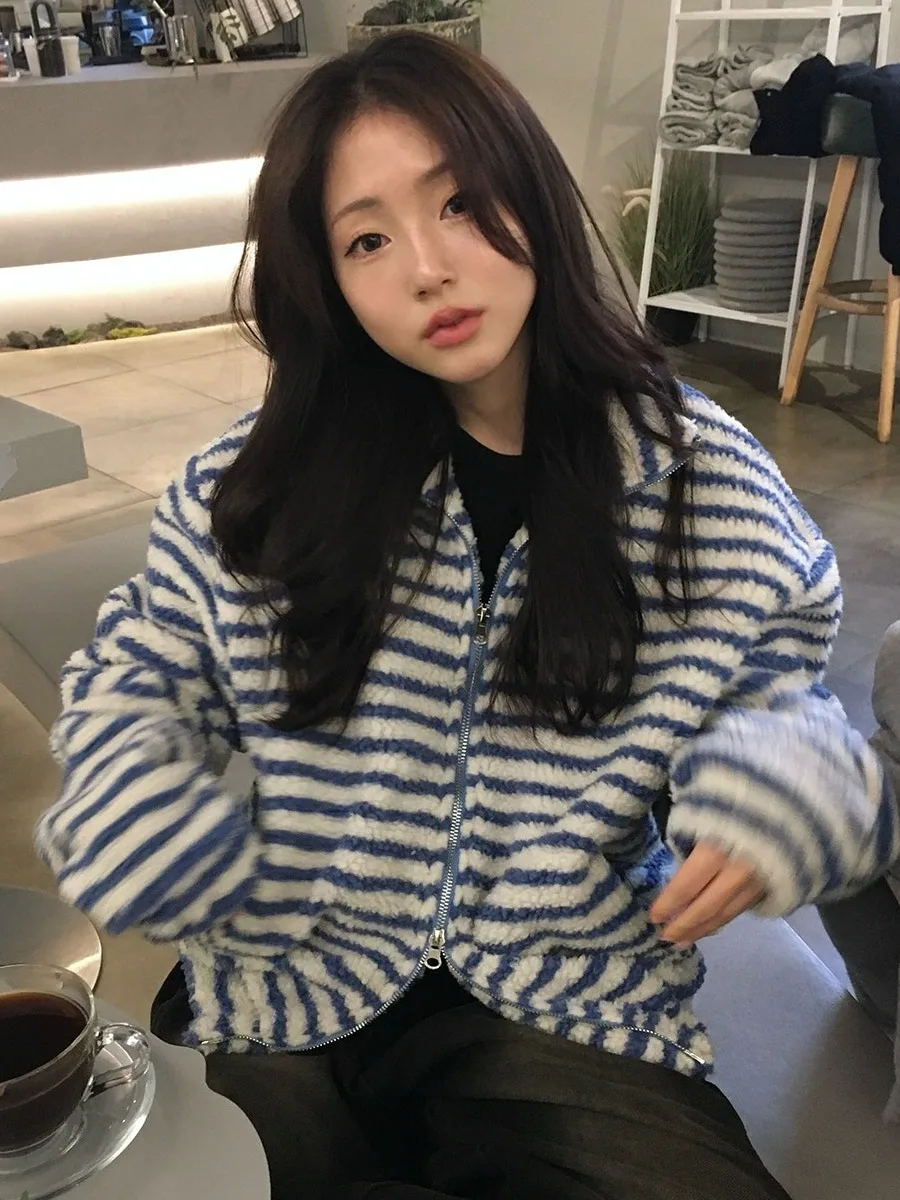 Coreano Sle Winter Faion Fre Stripes Colletto alla coreana Doppia cerniera Design pigro Casual Pelliccia di agnello Felpa Jaet Donna