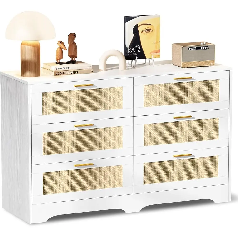 

White Rattan Drawer or Bedroom Chest with 6 Drawers and Wooden Storage for Living Room, Hallway, and Entryway - Easy Assembly