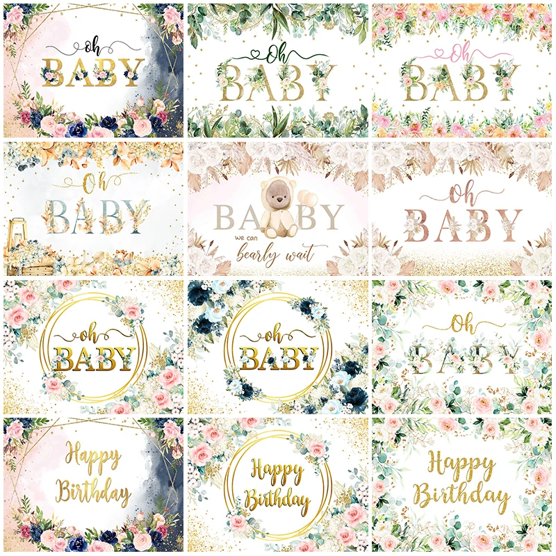 Mocsicka Oh Baby Photography Backdrops  Shower Floral Greenery Decoration Happy Birthday Background Studio Photoshoot Banner