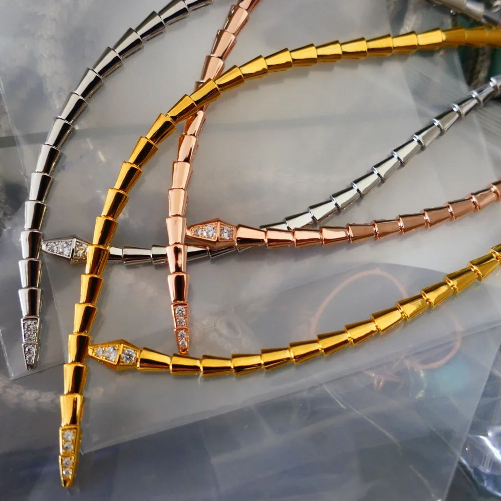Slim Classic Fashion Zircon Diamond Stone Snake Shaped Choker Necklace Women Luxury Designer Yellow/Rose Gold plated Jewelry