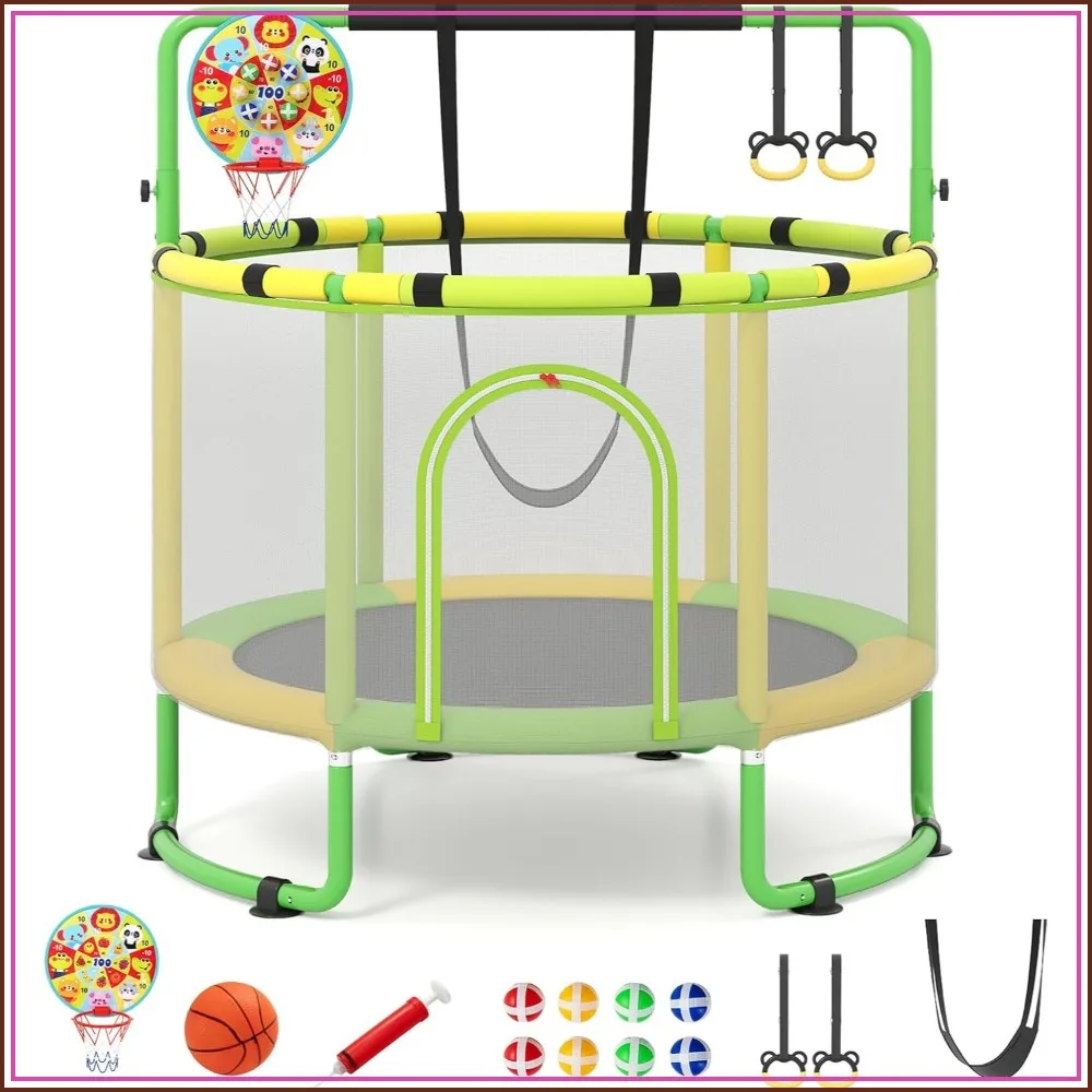 6-in-1 Kids Trampoline with Enclosure, Swing, Basketball Hoop, Adjustable Gymnastics Bar, Indoor Outdoor Fun for Ages 3+