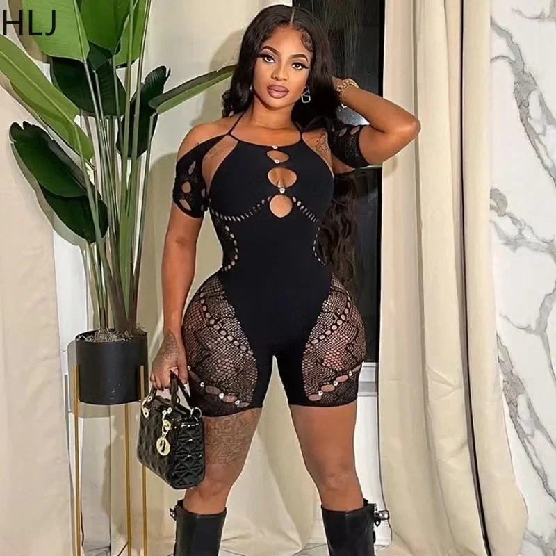 

HLJ Black Sexy Hollow Lace Bodycon Rompers Women Round Neck Long Sleeve Perspective Jumpsuits Female Solid Hole Slim Overalls