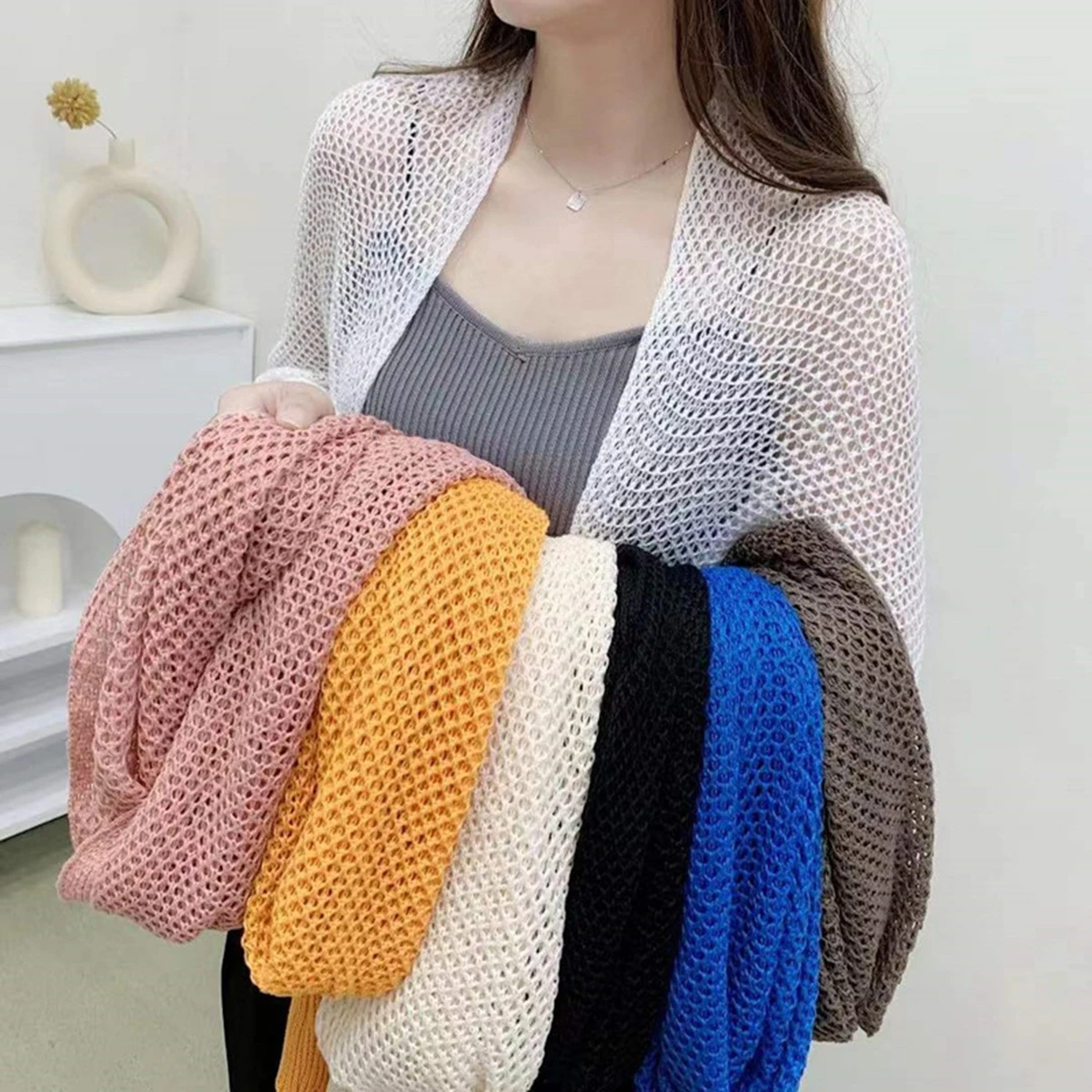 

1pc Women's Spring/Summer Honeycomb Sleeve Cape With Knitted Collar And Hollow-Out Design, Fashionable Outerwear Accessory, Suit