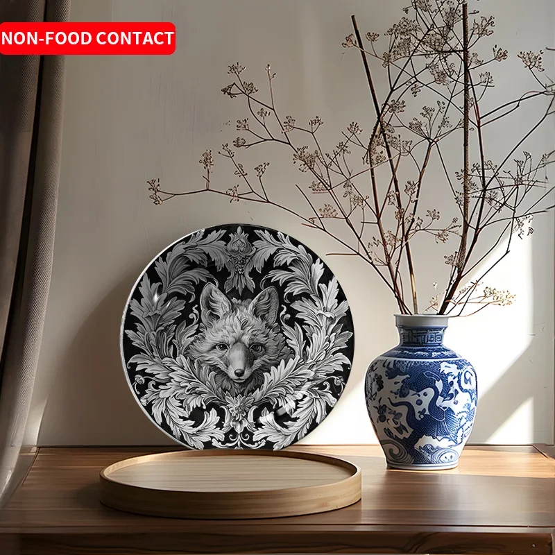 1pc Non-Food Contact Nordic Style Black and White Fox Floral Ceramic Decorative Plate - Artistic Wall or Tabletop Decor for