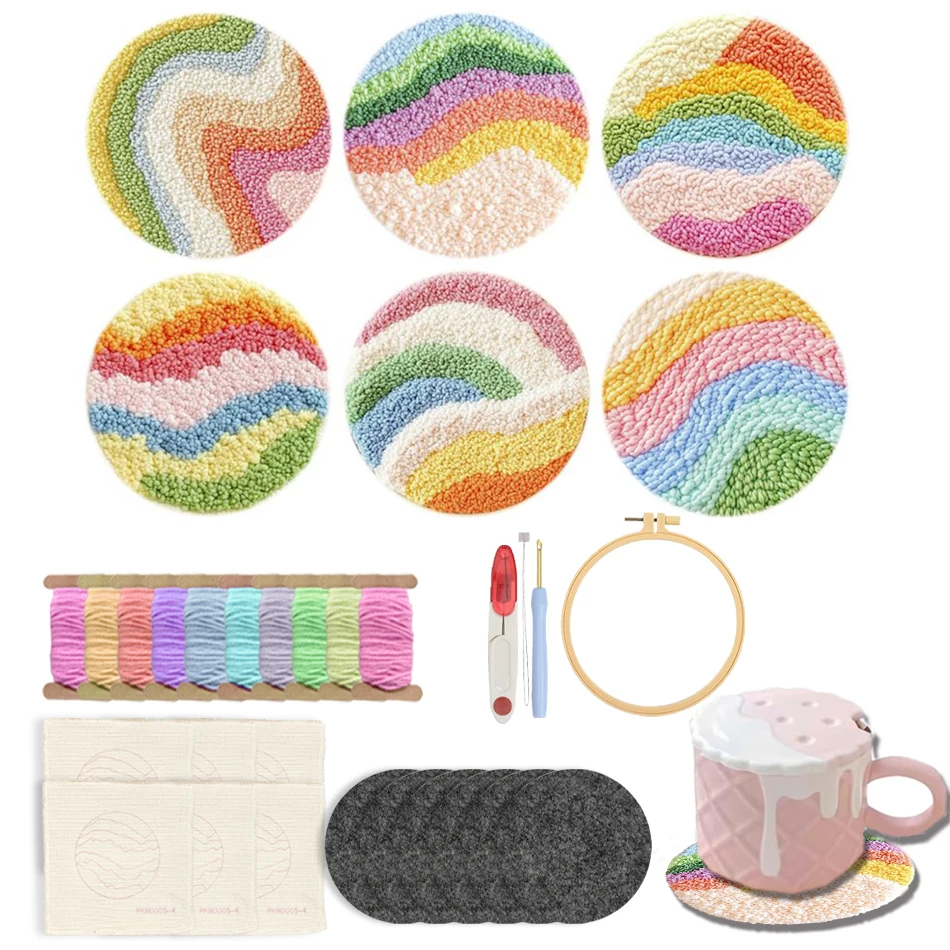 

GATYZTORY Punch Needle Coasters Kit for Beginners Adults DIY Set of 6 Patterns Landscape Punch Needle Embroidery Kit Diy Craft