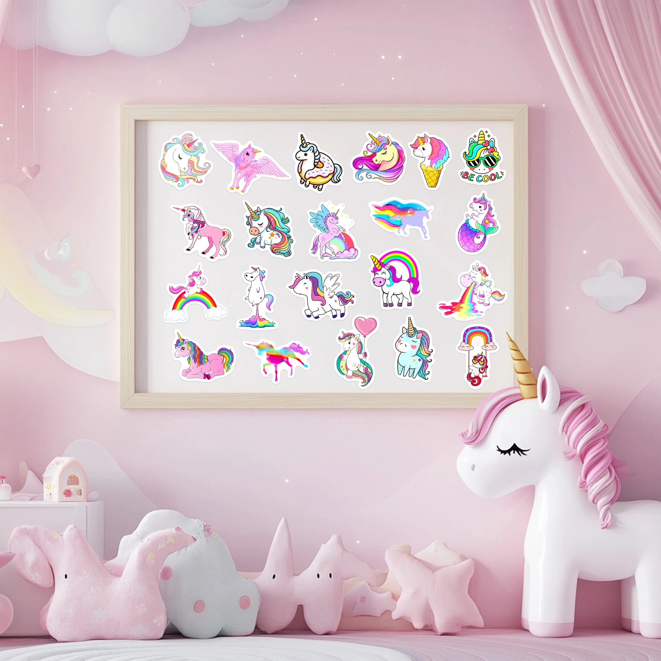 ユニコーンパターンの粘着性ビニールステッカー,防水ビニールステッカー,DIYバッグ,スケートボード,電話ケース,子供用装飾,かわいい,51個