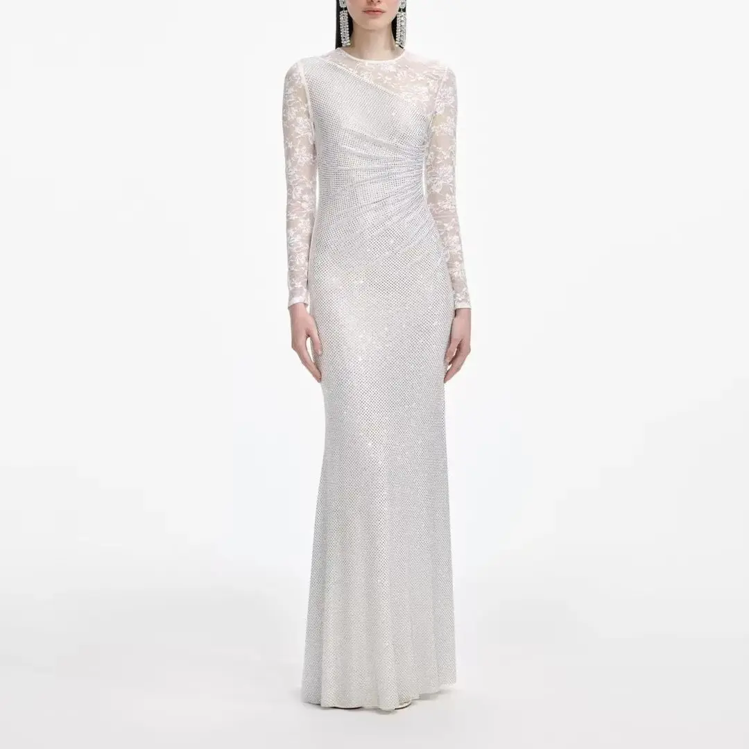 

Women Lace rhinestone splicing long dress o-neck long sleeve fashion party maxi dress