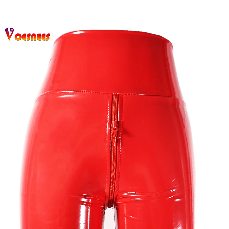 New Red Sexy Open Crotch Women Pants PU Double Zipper Bodycon Trousers Ladies Exotic Slim Nightclub Micro Elasticity Leggings