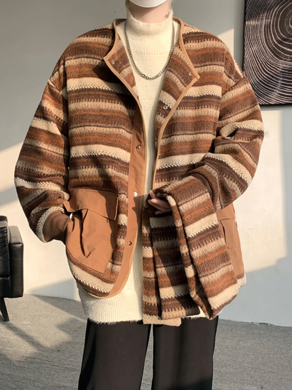 

Мужское зимнее пальто, полосатый шарф в американском стиле ретро, шерстяной материал, маленький дизайн, повседневный свободный крой, полиэстер, смесь шерсти