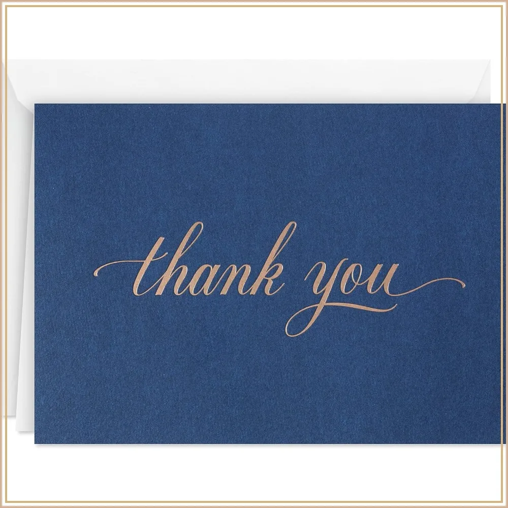 40 Thank You Cards with Envelopes, Silver Foil Navy Blue, Blank Inside, 3.75