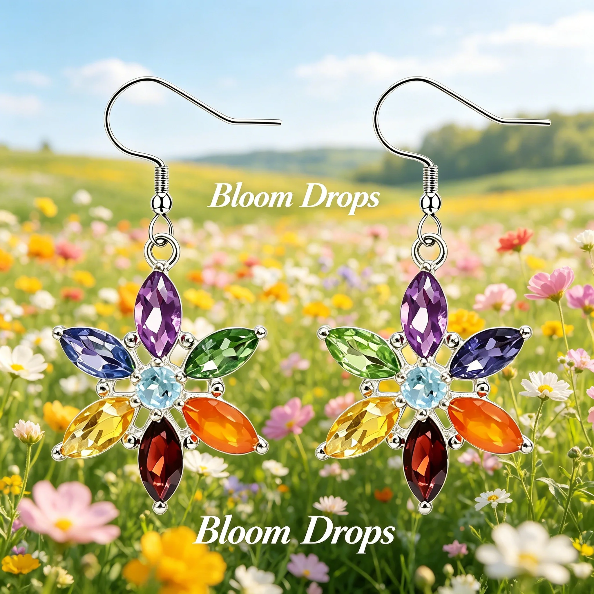Colorful Chakra Flower Dangle Earrings Silver Tone Rainbow Inlay for Women Yoga Spiritual Boho Daily Wear Gift