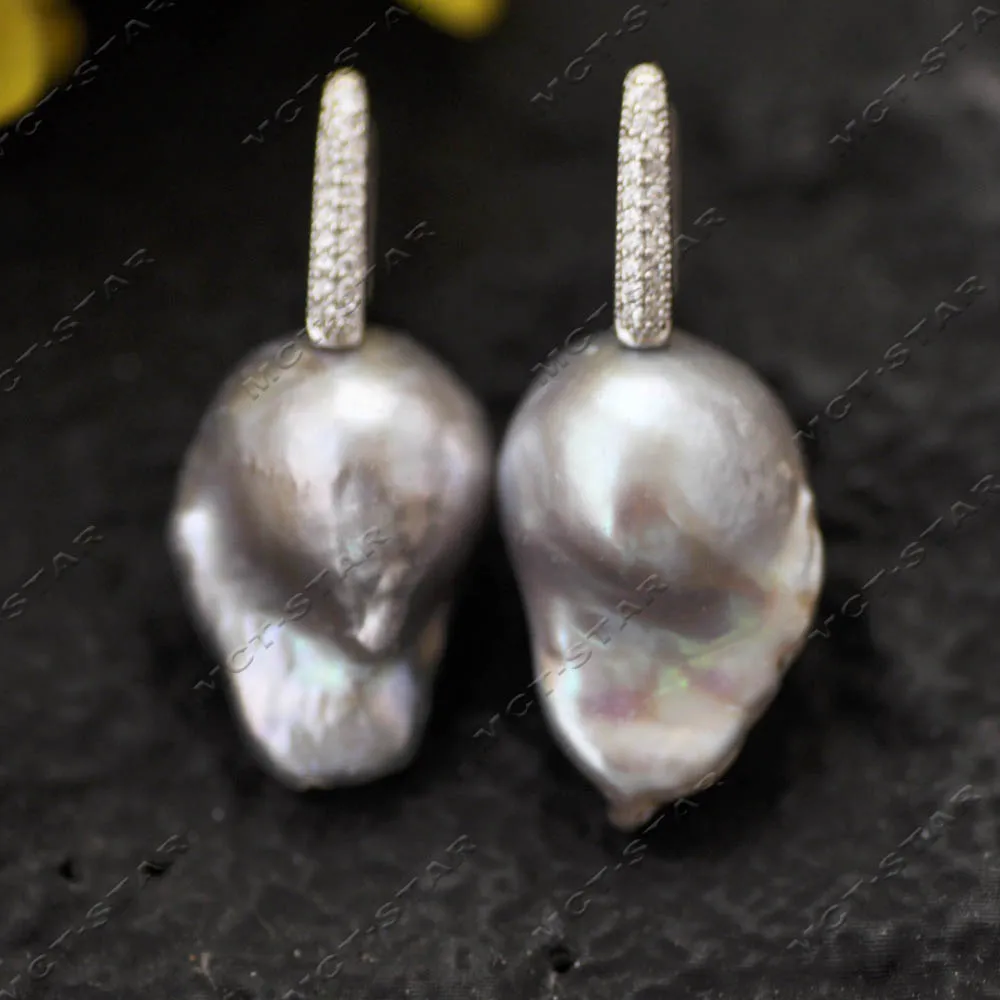 

Z14468 15x20mm Gray Baroque Keshi Pearl Zircon CZ Dangle Earring