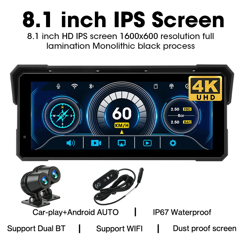 Jansite Draagbare 7/8.1 inch IP67 Waterdichte Motorfiets 4K DVR GPS Navigatie Draadloze Carplay Android Auto Moto Recorder Monitor