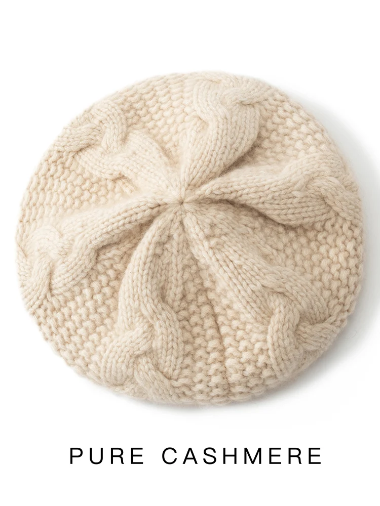 レディース100%カシミヤケーブルニット厚手ベレー帽秋冬装飾グレーススタイルオフィスレディカシミヤニット帽高品質