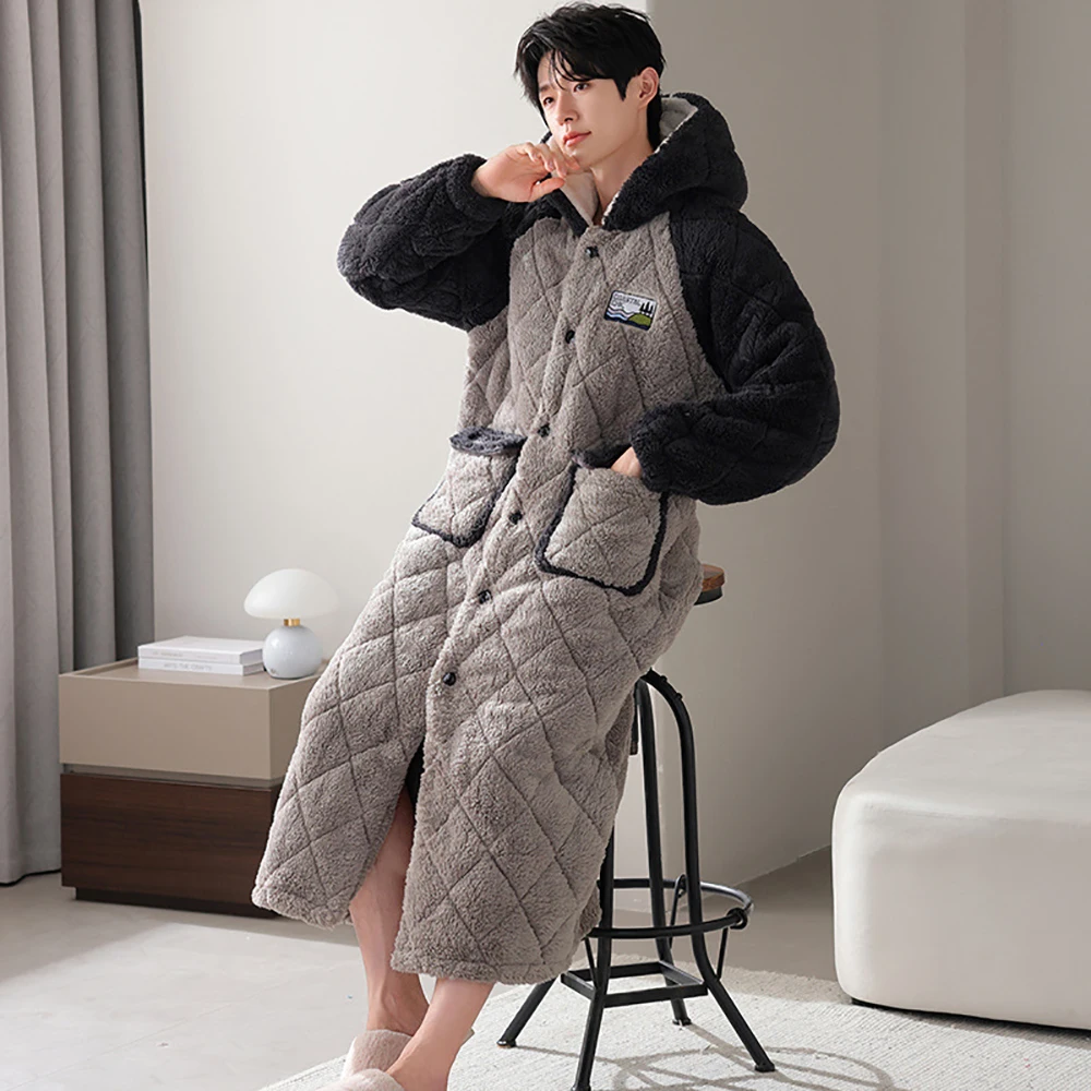 Winter Flannel Plaid Men\'s Bathrobe 3-layer Thicken Hooded Warm Windproof Shower Robe Casual Comfortable Sleepwear Night Gown