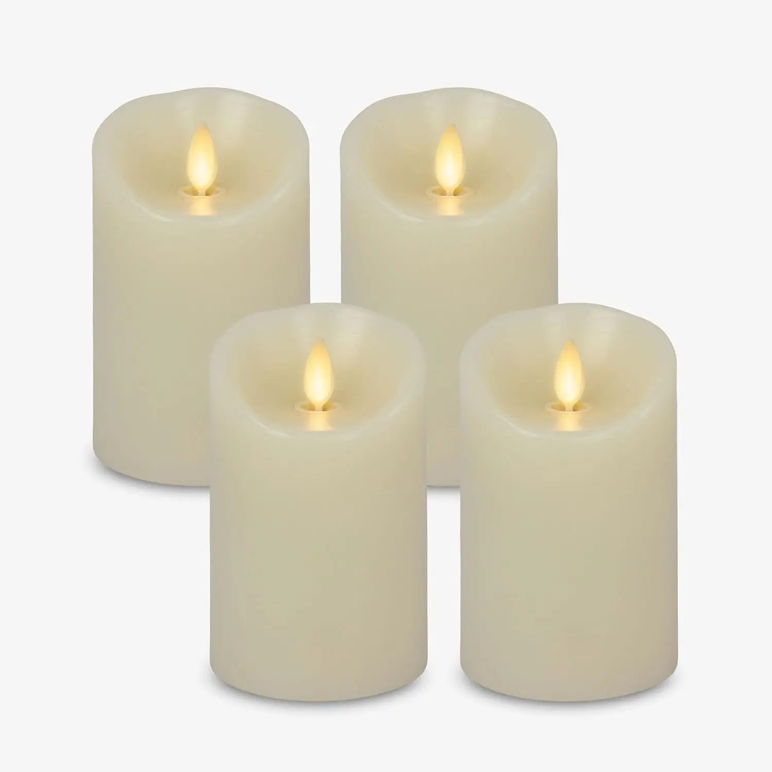 Flameless Real Wax Pillar Candles Ivory Set Four Moving Flame Indoor Outdoor Decor