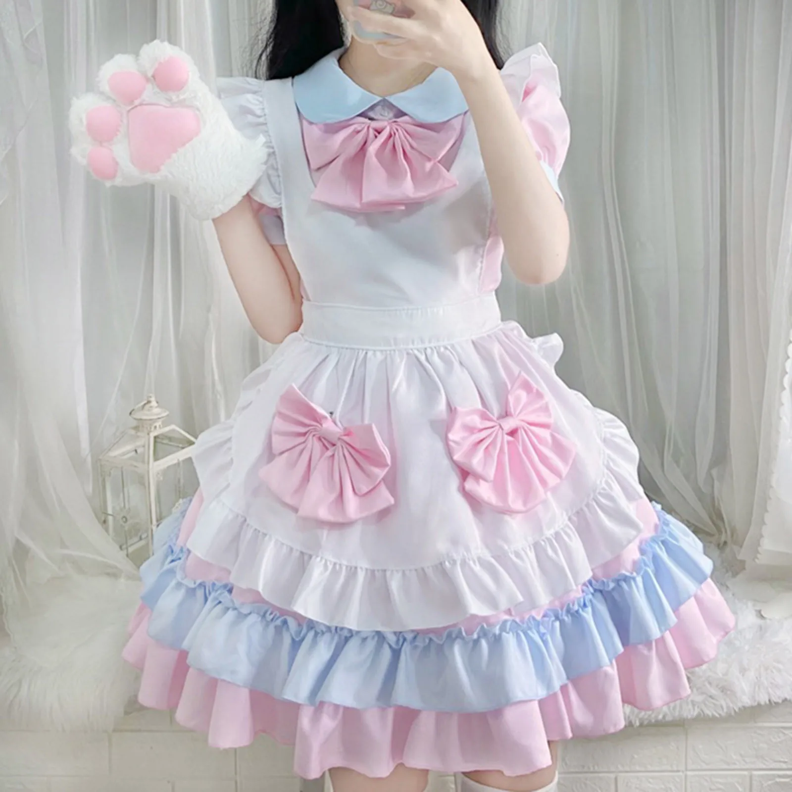 Pink Cat Maid Costume Cosplay Anime Cosplay Lolita Soft Girl Dress Loli Maid High Waisted Uniform Halloween Carnival Outfit