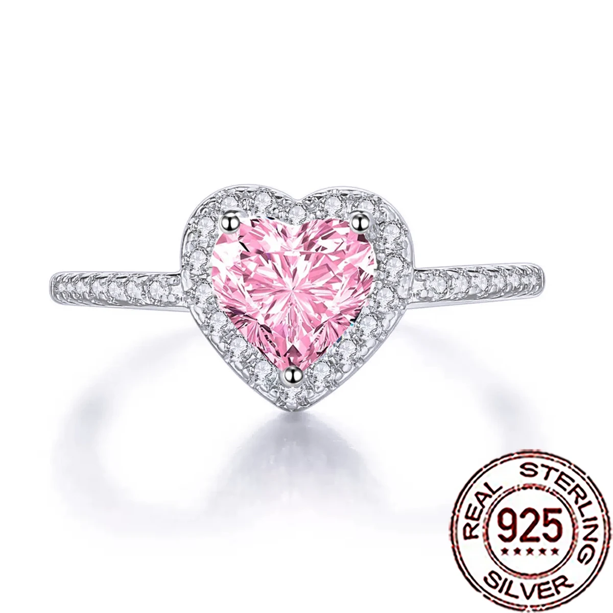 CWWZircons 925 Sterling Silver Fashion Pink Cubic Zirconia Heart Shape Ring for Women Fine Wedding Engagement Jewelry Gift SR082