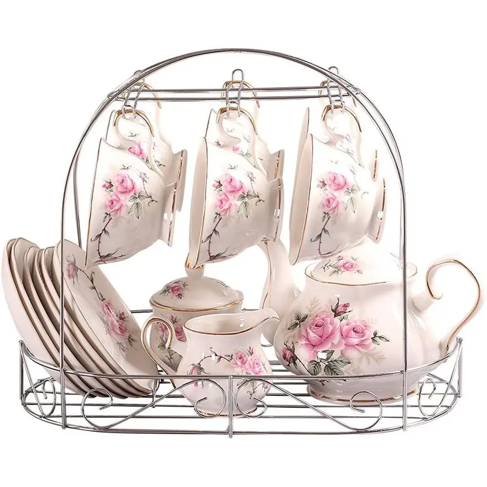 

15 Piece European China Coee Cup Set, Ceic Porcelain Tea Cup Set with Metal Holder, Tea Git Sets, Pink Camellia Painting …