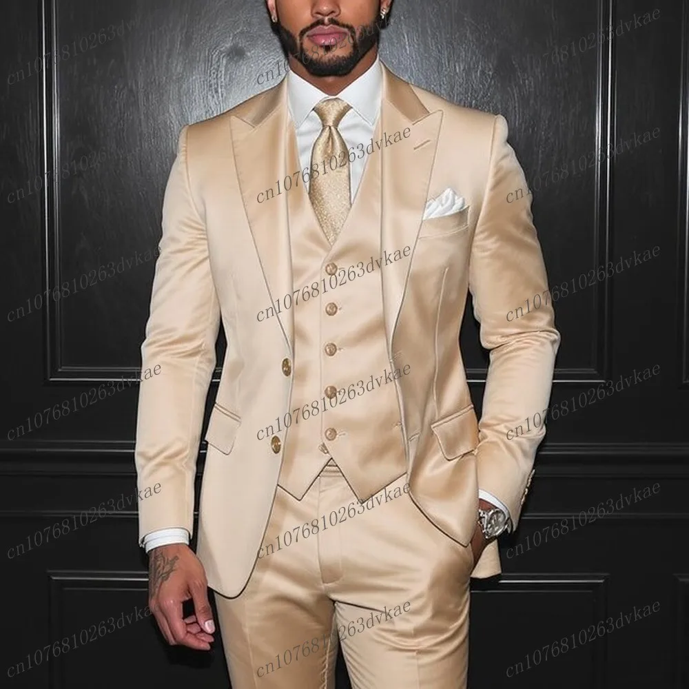 

Beige Acetate satin Formal Men Suit Groom Groomsman Wedding Party Prom Business Male Tuxedos 3 Piece Set Jacket Vest Pants