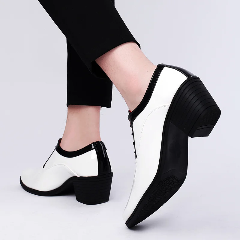 Fashion Shiny White Black Office Heels Men Formal Shoes Genuine Leather Platform Wedding Shoes Men Dress Shoes zapatos de vestir