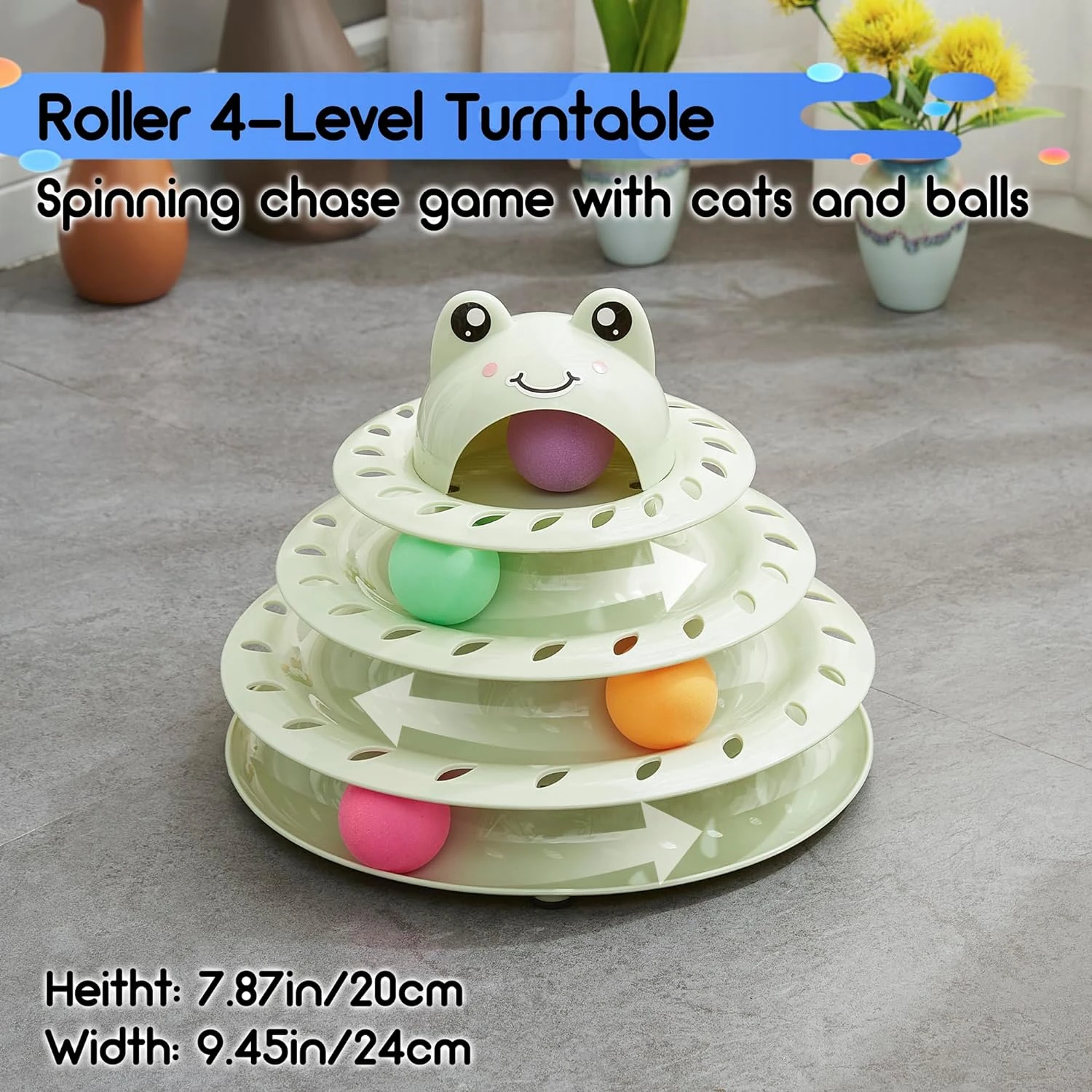 Colorful, engaging, and interactive multi-level cat toy tower designed for stimulating indoor exercise. Vibrant roller track wit