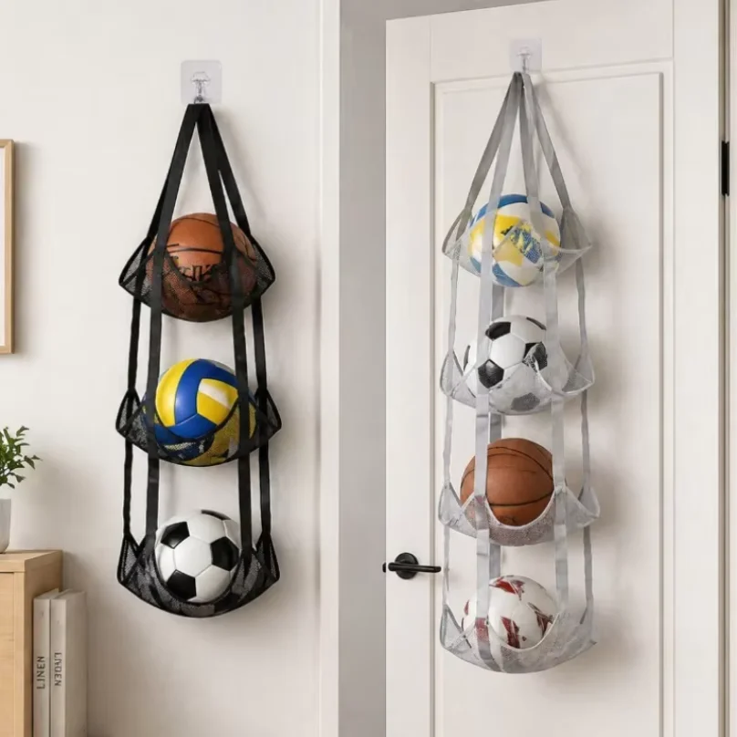 3/4 Tier Mesh Hanging Ball Storage Bag Wall Mount Sports Organizer for Basketball Football Volleyball Doll Toys Playroom Garage