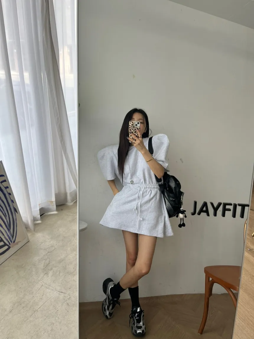 Conjunto de Falda y Suda Hoada con Mangas Abullonadas para Mujer, Cuello Redondo, Cintura Elástica con Cordón, Falda Me...