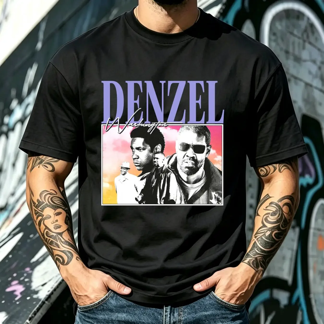 washed T Shirt DENZEL WASHINGTON Vintage Homage Fan Retro 90s long or short sleeves vintage Washed streetwear Stylish