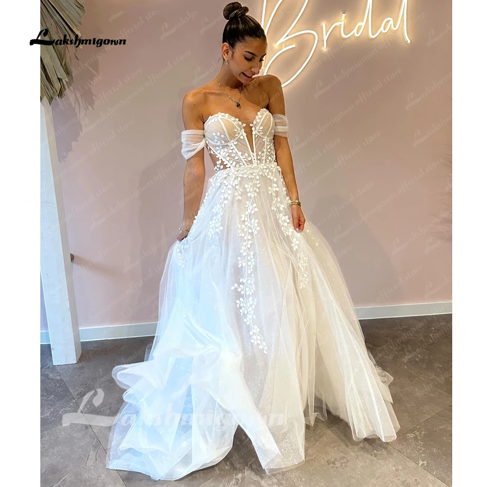 Lakshmigown abito da sposa estivo Boho con spalle scoperte in pizzo con spacco laterale 2024 manica 2023 abito da sposa bohémien Sweetheart Vestidos