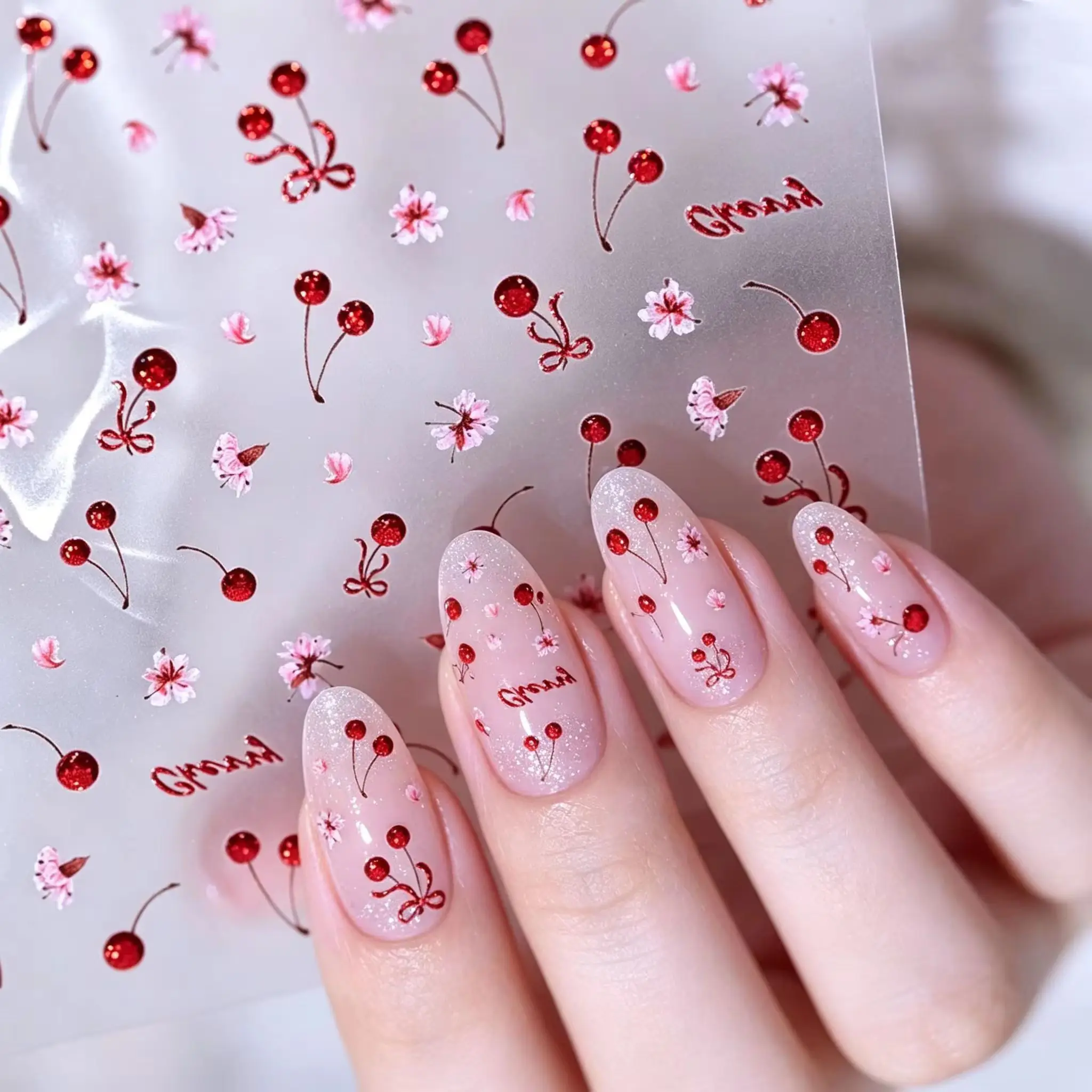 1pc 5D Shiny Bowknot Flower Nail Art Decals Glitter Red Cherry Nail Stickers Nail Sliders DIY Manicure Home Salon Summer Party *