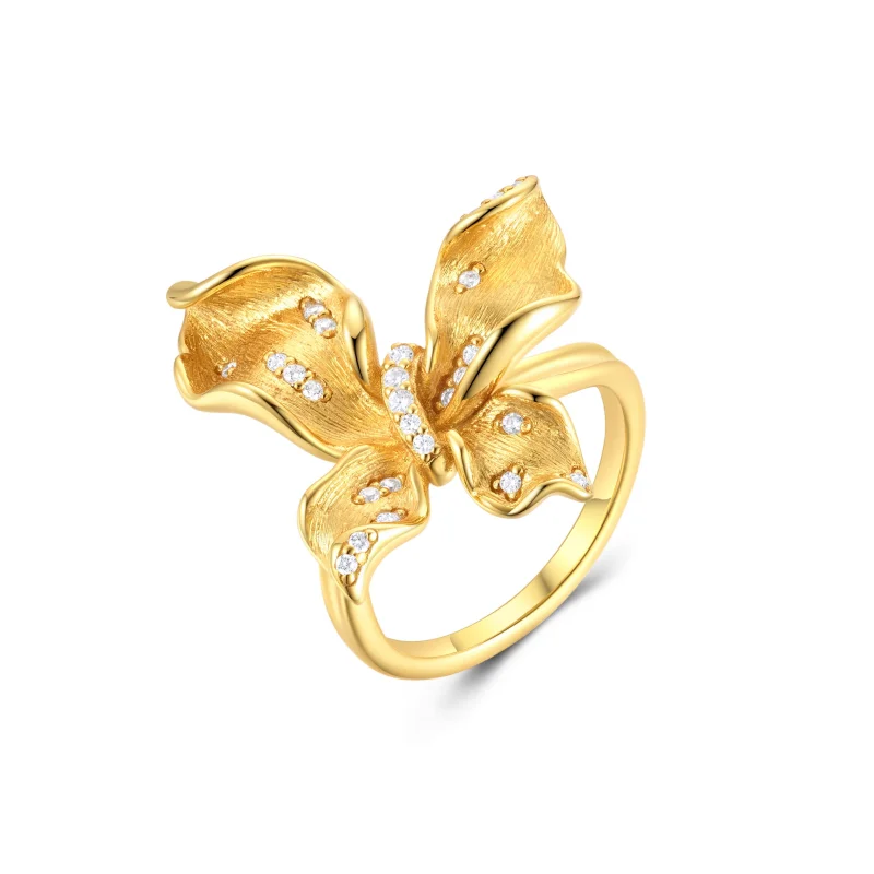 

BELLUX 925 Silver Gold Plated Synthetic Zircon Wire Drawing Craft Leaf Butterfly Vintage Light Luxury Bownot Elegant Ring