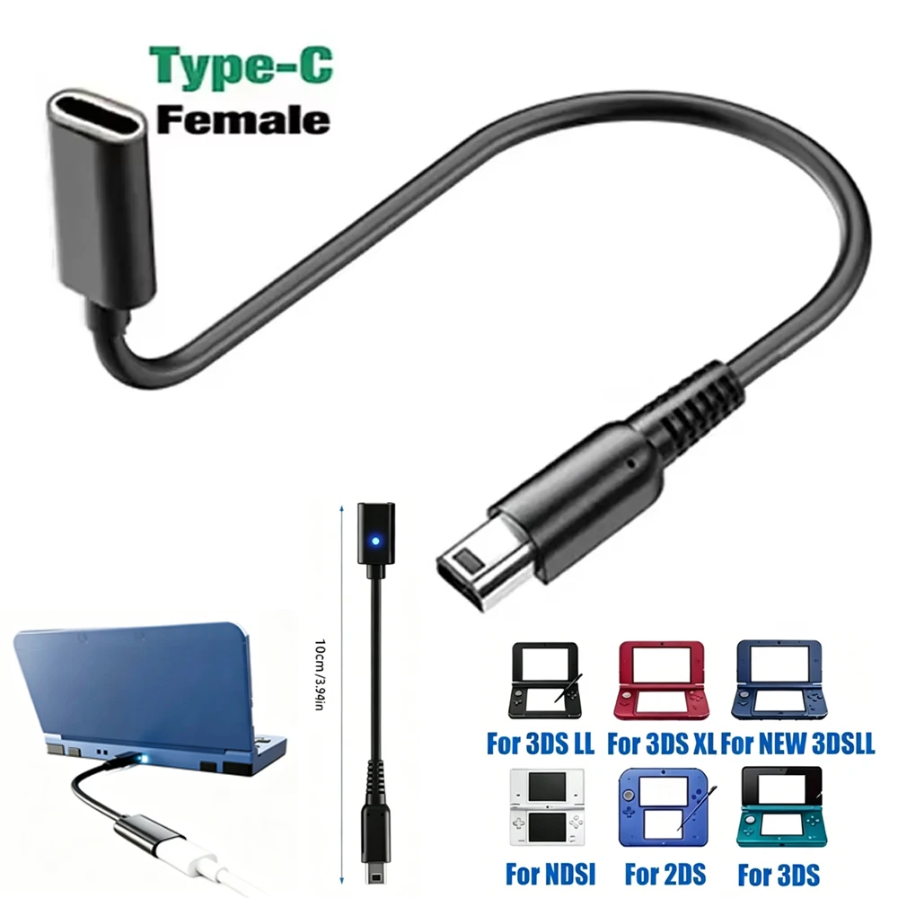 USB C Charging Cable For 2DS 3DS NDSi 3DSLL XL NEW 3DS LL Charger Adapter Wire Type C LED Convert Cord With LED Power Supply