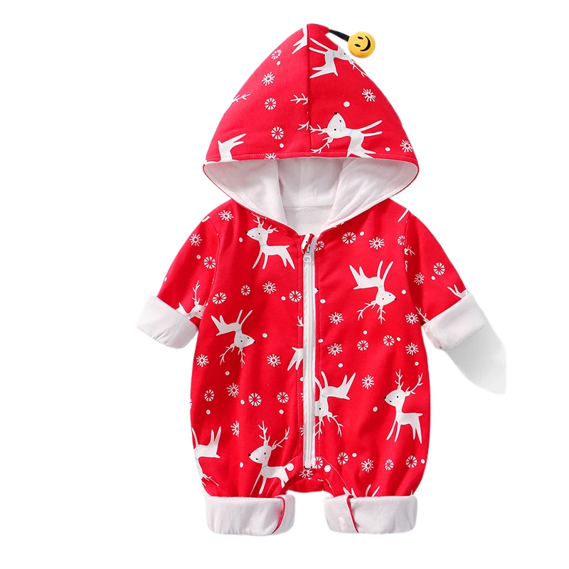 

Autumn Newborn Baby Boy Girl Christmas Elk Printed Jumpsuit Infant Toddler Kids Hooded Long Sleeve Zip Onesies Outfit Romper