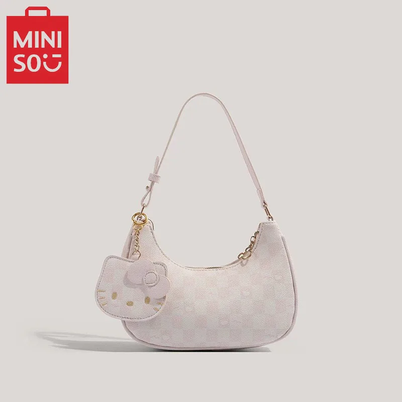 MINISO Cartoon Cute Handbag Hello Kitty Underarm Bag Pink Checkerboard Women's Shoulder Bag Fashion Sweet Crescent Bag